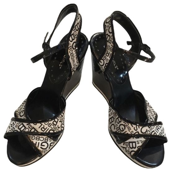 BCBG Logo Black And White Wedge Sandals - Picture 2 of 8